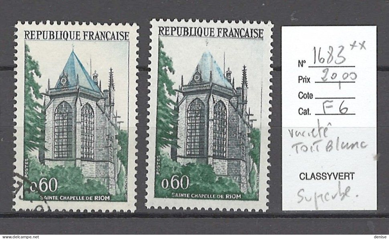 France - Yvert 1683 Sainte Chapelle Riom**  - TOIT BLANC  - Superbe Variété - Neufs