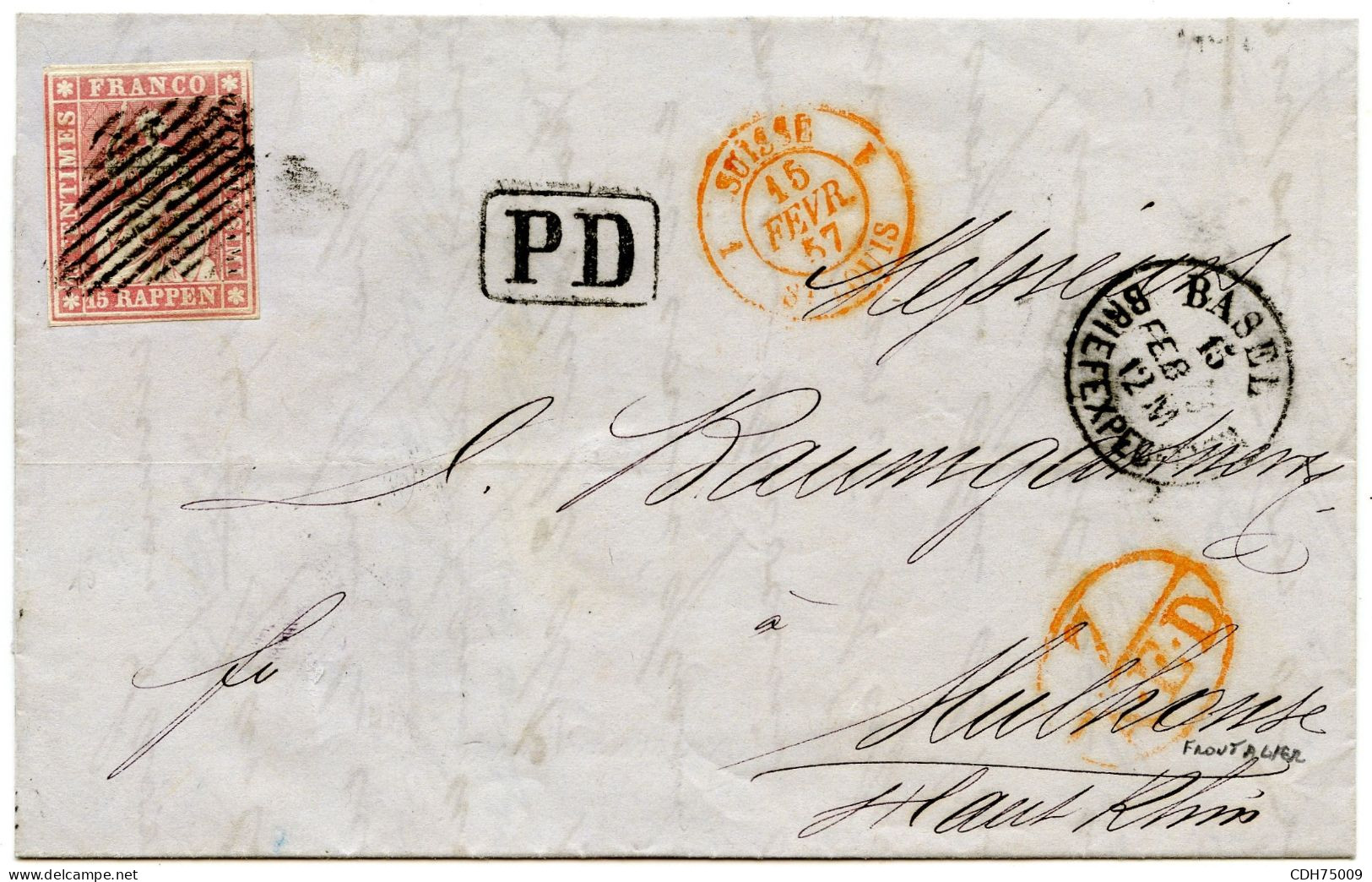 SUISSE - 15 RP MARGE SUR LETTRE FRONTALIERE DE BALE POUR MULHOUSE, 1857 - Briefe U. Dokumente