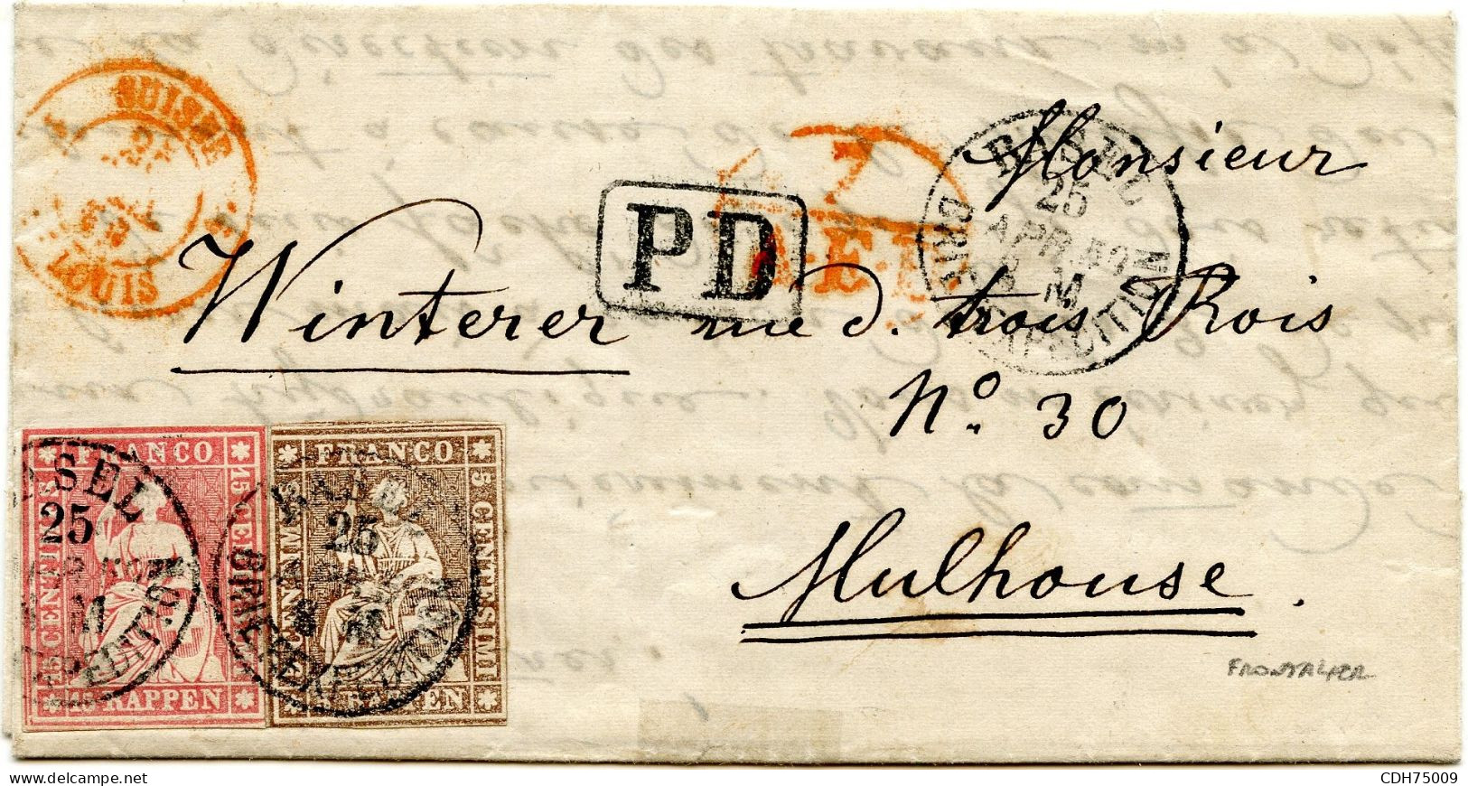 SUISSE - 5 RP + 15 RP SUR LETTRE FRONTALIERE DE BALE POUR MULHOUSE, 1859 - Covers & Documents