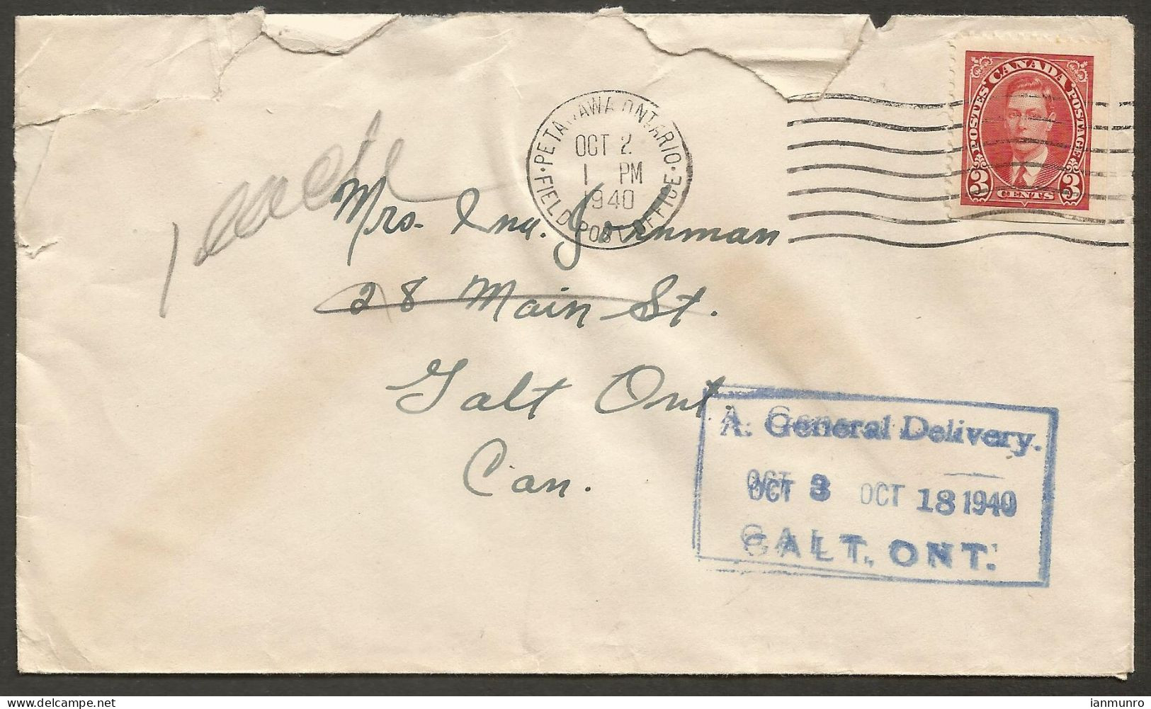 1940 FPO Cover 3c Mufti Petawawa Ontario Field Post Office To Galt General Delivery - Histoire Postale