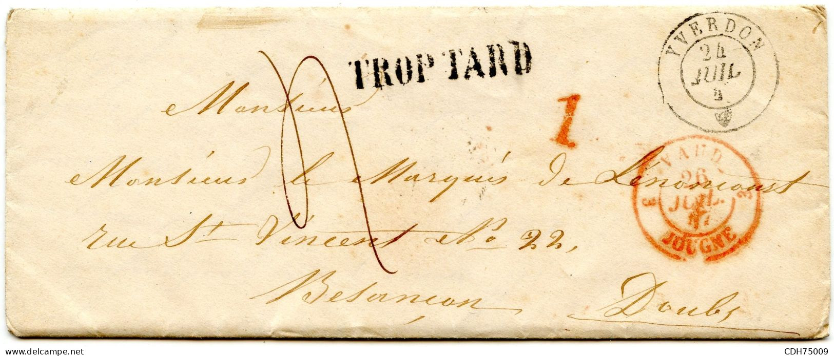 SUISSE - LETTRE AVEC CORRESPONDANCE D'YVERDON POUR BESANCON - ...-1845 Préphilatélie