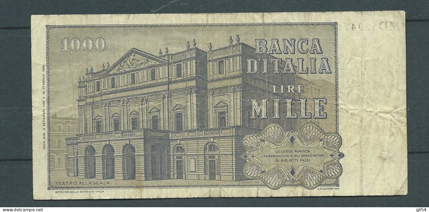 BILLET ITALIE 1000 LIRE 1969 - MD 294766 L  - Laura 77 30 - 1.000 Lire