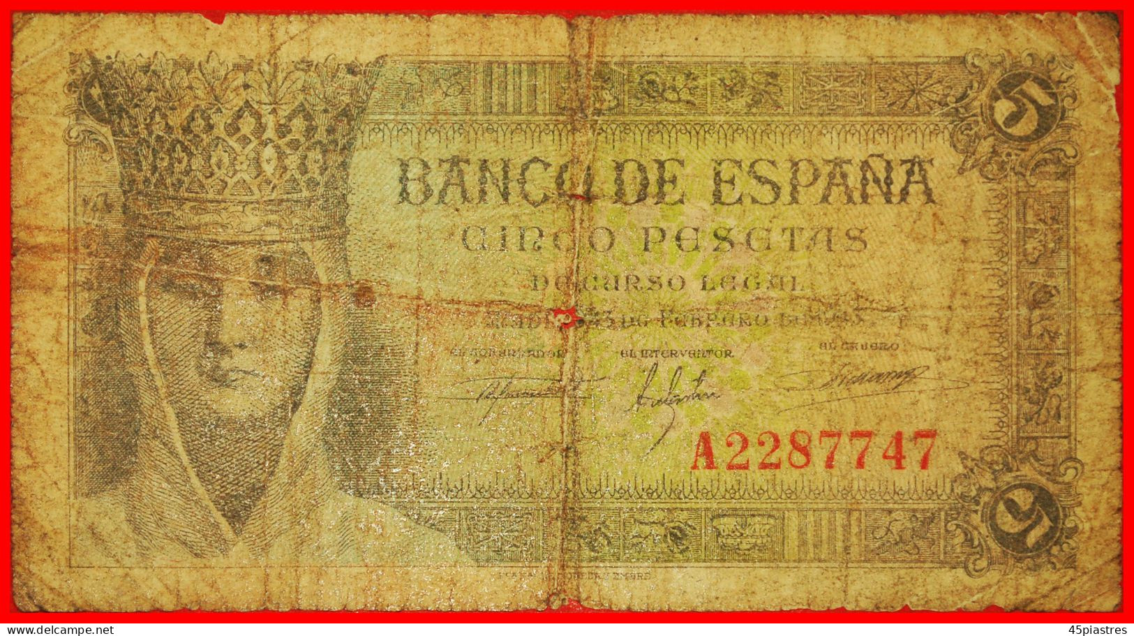 * GOLD MEDAL 1856: SPAIN  5 PESETAS 1943 ISABELLA THE CATHOLIC (1474-1504) · LOW START!  NO RESERVE! - 5 Pesetas