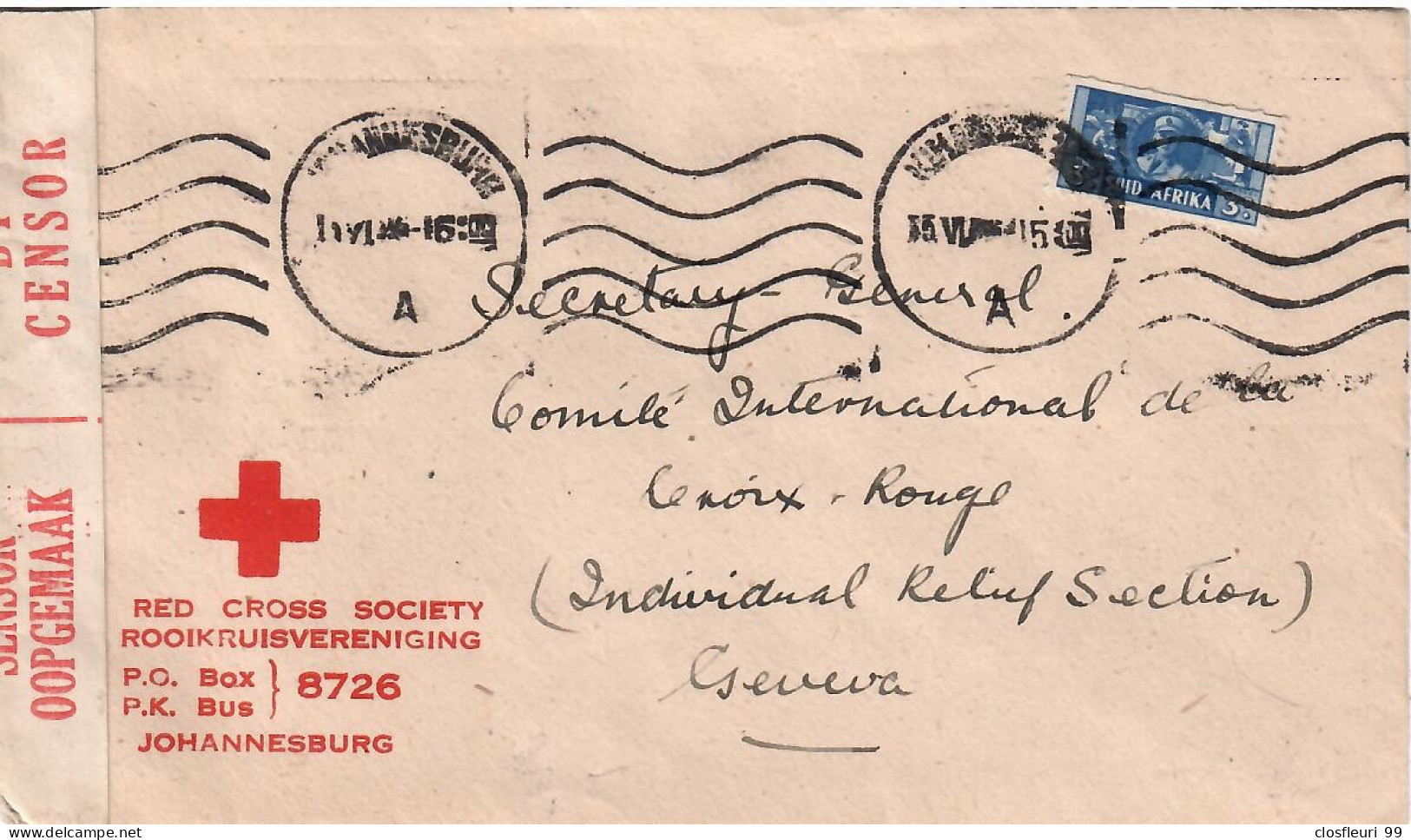 Lettre De Censure Johannesburg 1944/ Comité International Croix-Rouge Genève Red Cross Society - Altri - Africa