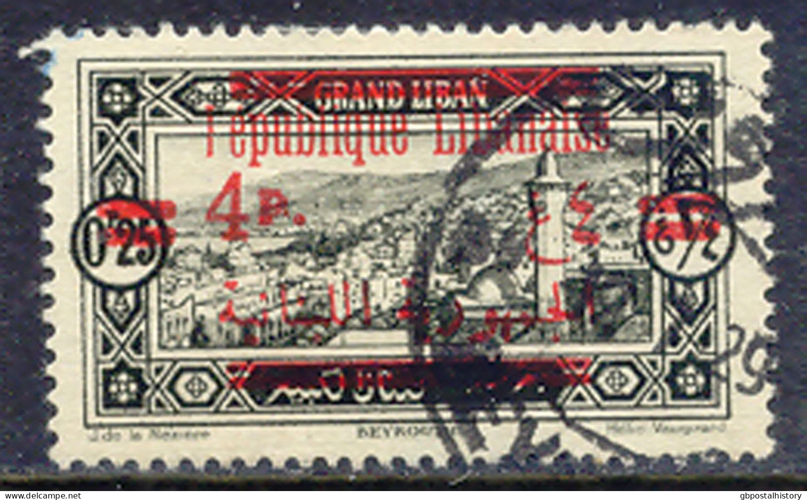 LEBANON 1928, 4 Pia. On 0 P. 25 Olive Black, Four Superb Used OVERPRINT-ERRORS & VARIETIES: Double Overprint (no Gaps Be - Lebanon