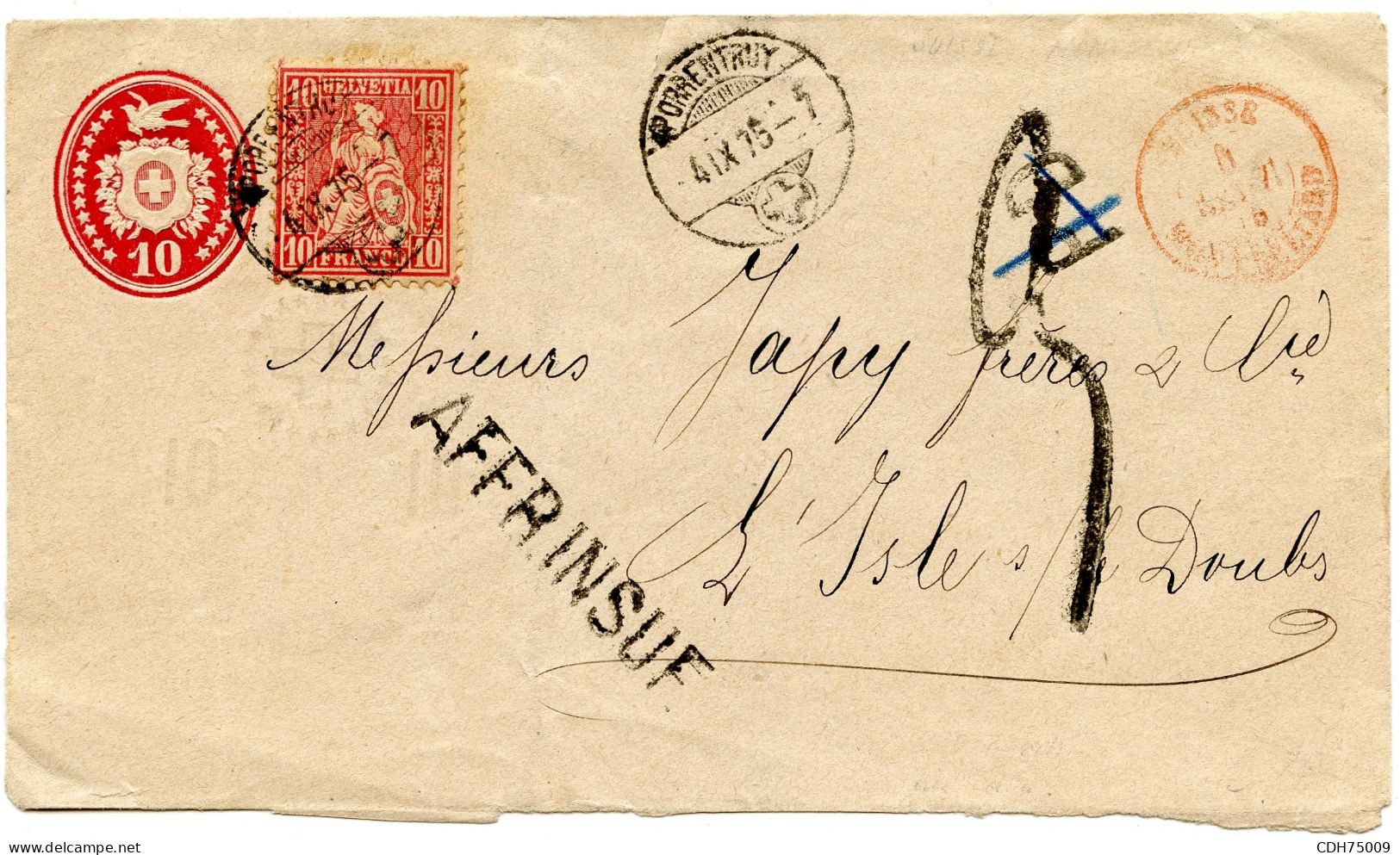 SUISSE - SBK 46  10C SUR ENTIER 10C + AFFR. INSUF. + TAXE 3 SUR LETTRE POUR LA FRANCE, 1875 - Brieven En Documenten