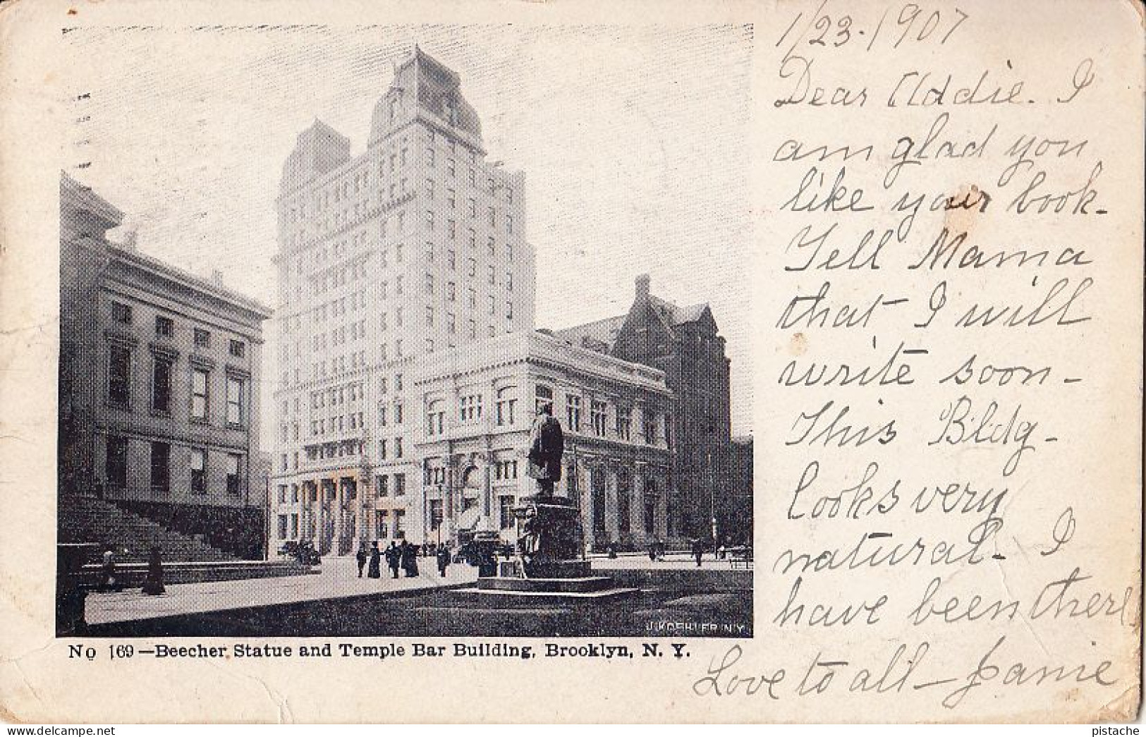 3814 – B&W PC – New York Beecher Statue & Temple Bar Building – Undivided Back – Stamp Postmark 1907 – Good Condition - Brooklyn