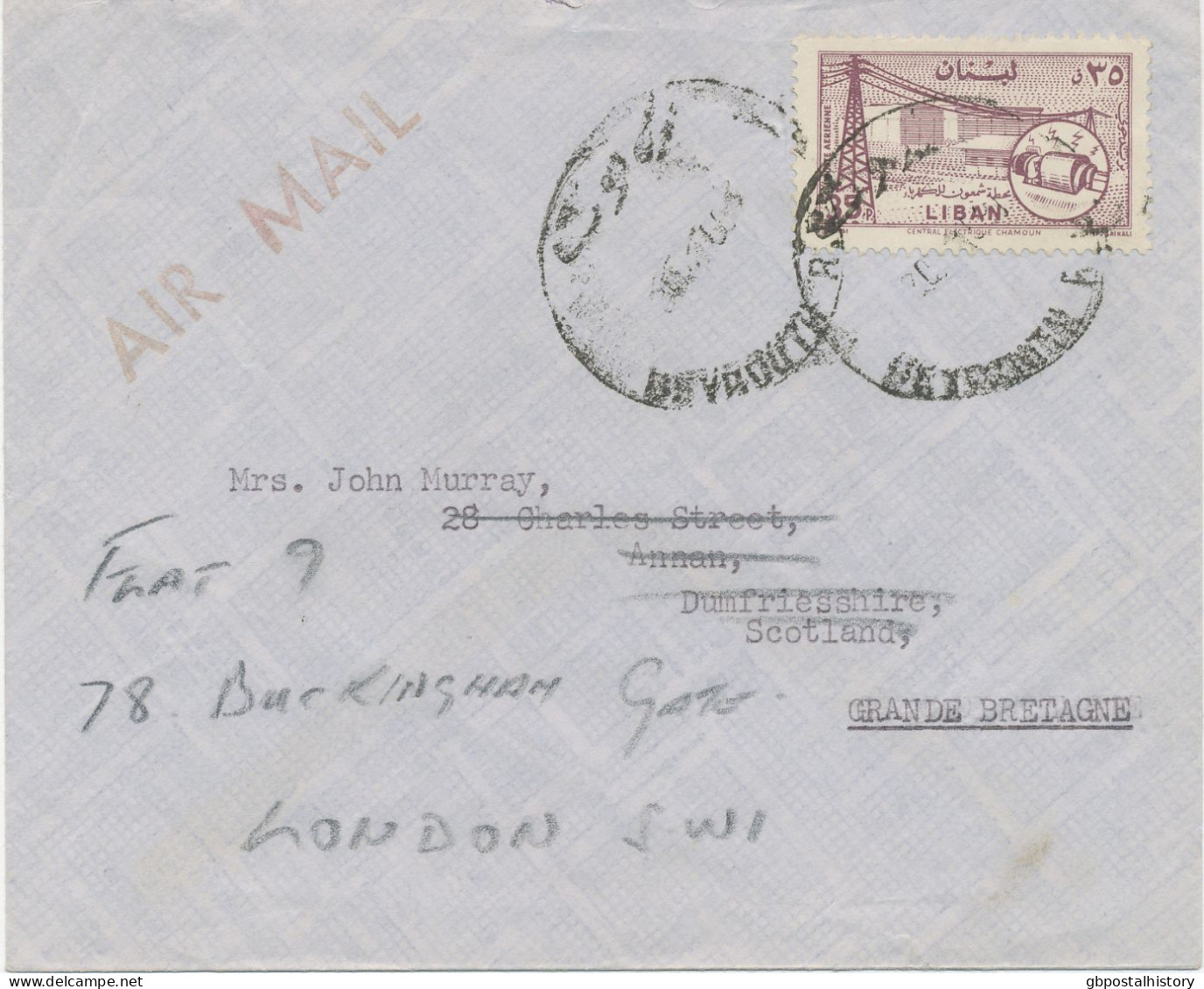 LEBANON 1959, 35 Pia. Electric Central "Chamoun" Single Postage On Superb Re-Directed Airmail-Cover W. Arrival-K2 "ANNAN - Lebanon