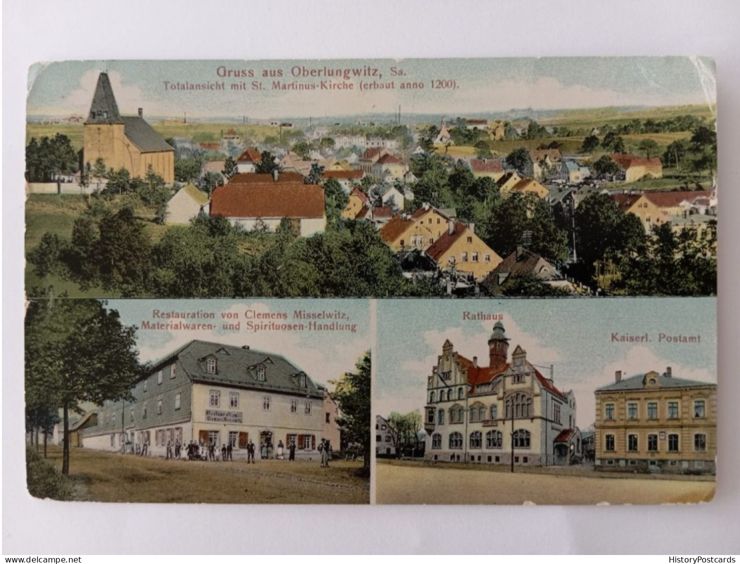 Gruss A. Oberlungwitz, Restauration, Gasthaus, Rathaus, Postamt, Gesamt, Chemnitz, 1908 - Chemnitz