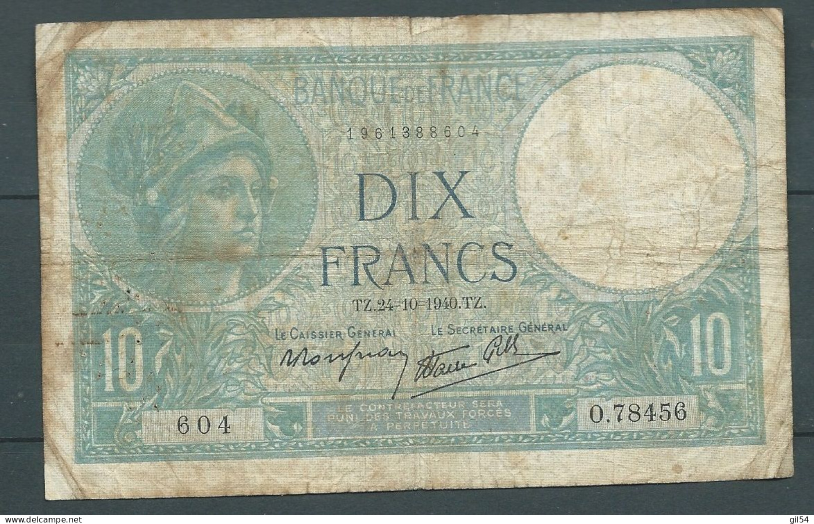 France, - 10 FRANCS 24//10//1940 - 604 O.78456 - 2è CHOIX  -  Laura 7926 - 10 F 1916-1942 ''Minerve''