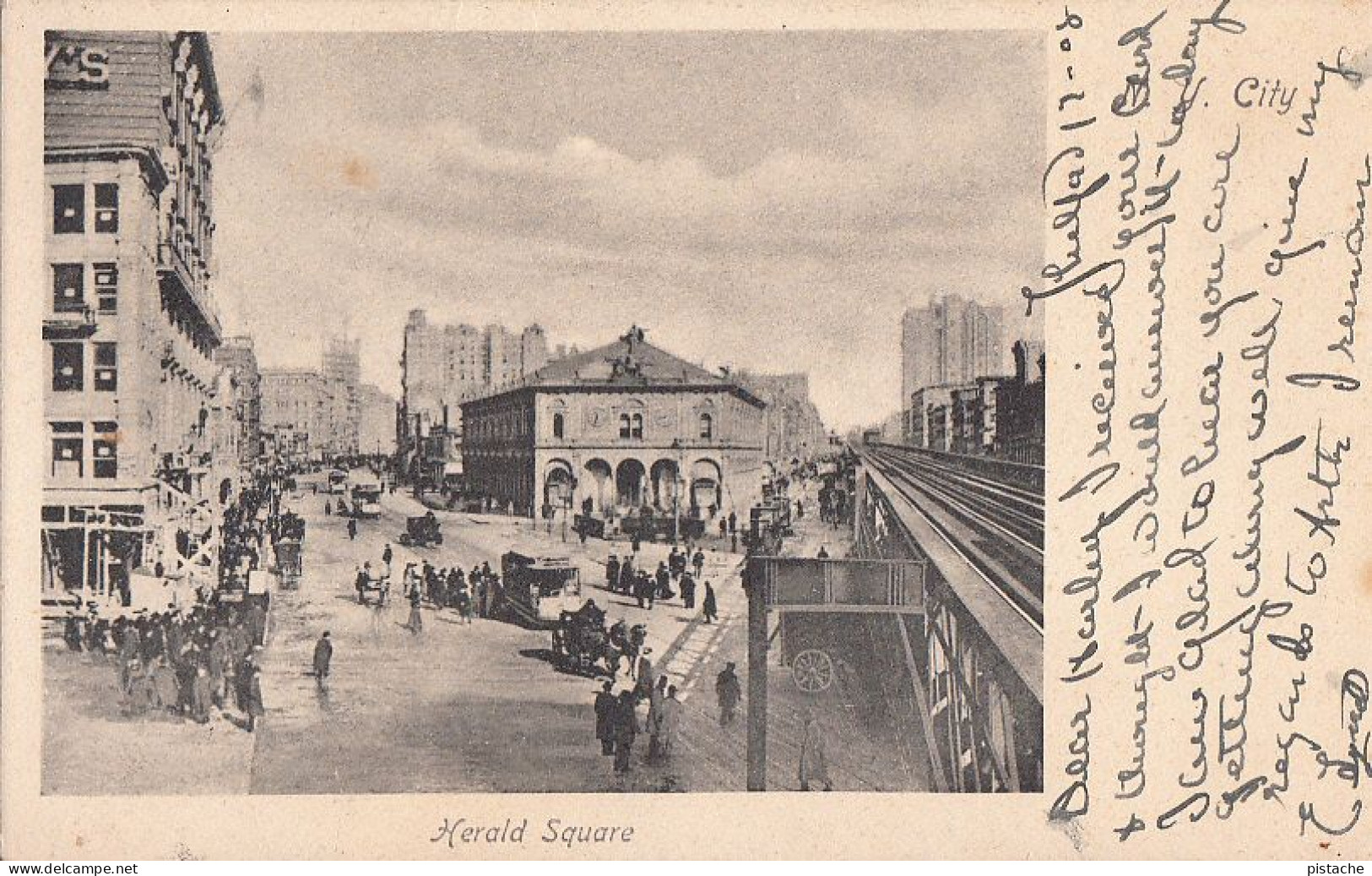 3821 - New York Herald Square - Tramway Railway Crowd - B&W PC - Animation - Undivided Back – Stamp Postmark 1908 - Piazze