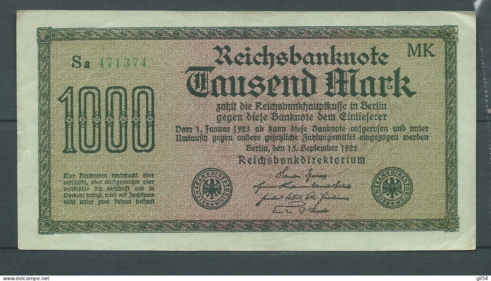 Reichsbanknote 1000 MARK 1922 6 Sa 471374  -  Laura 7929 - 1.000 Mark