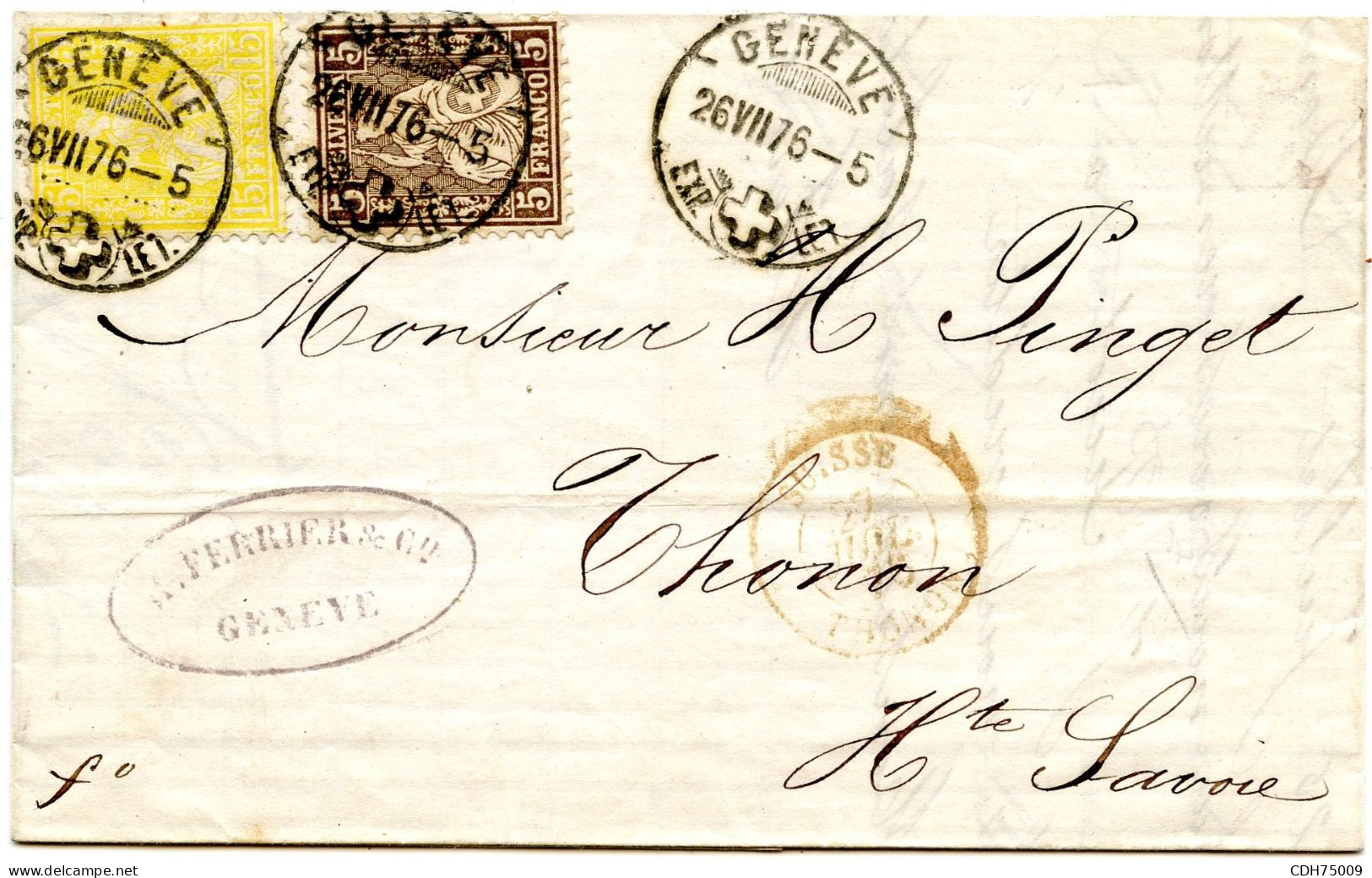 SUISSE - SBK 30+39  5C+15C SUR LETTRE FRONTALIERE DE GENEVE POUR THONON, 1876 - Storia Postale
