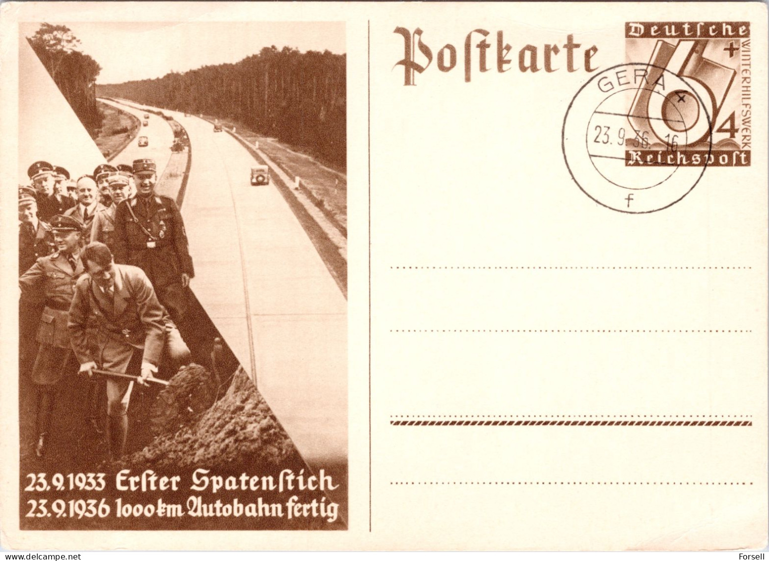 Erster Spatenstich 1000km Autobahn Fertig 1936 (Stempel: Gera 1936) - Postcards