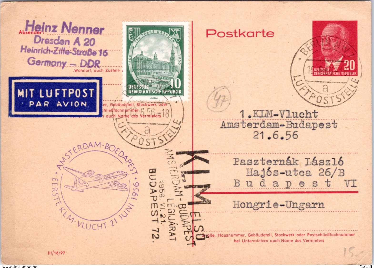 Erster KLM Flug Amsterdam-Budapest 1956 (Stempel: Berlin Luftpoststelle 1956) - Correo Aéreo