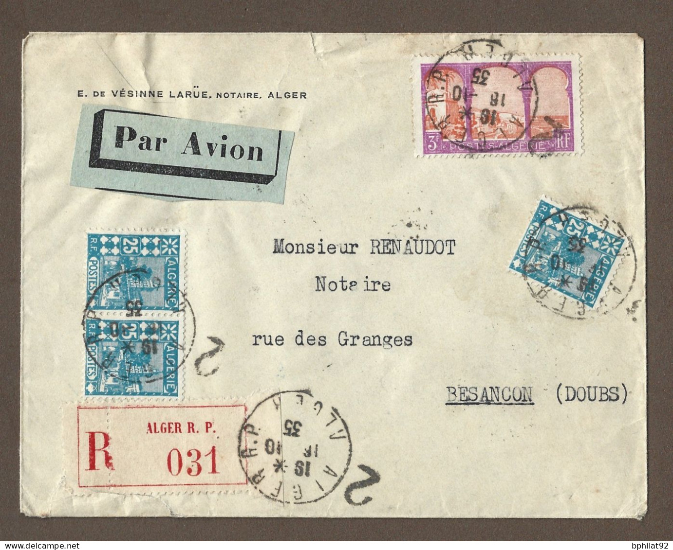 !!! ALGÉRIE, LETTRE RECOMMANDÉE PAR AVION POUR BESANÇON, CACHET DE ALGER, DE 1935 - Airmail