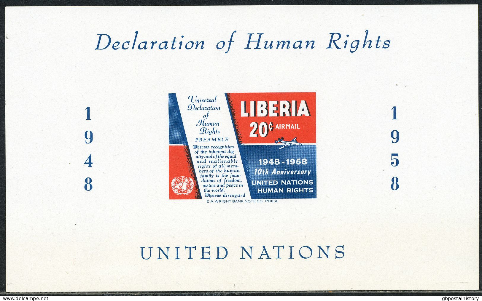 LIBERIA 1958, 10th Anniversary Of The Explanation Of Human Rights By The UN, Superb 20 C. U/M Mint Never Hinged M/S, MAJ - Liberia