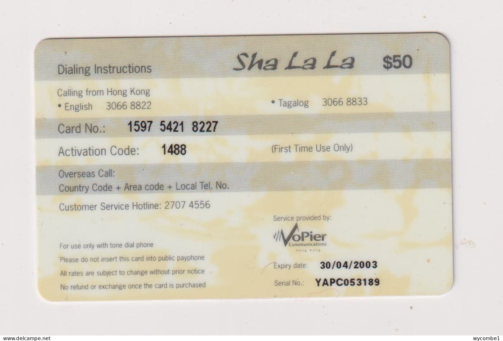 HONG KONG - Sha La La Remote Phonecard - Hong Kong