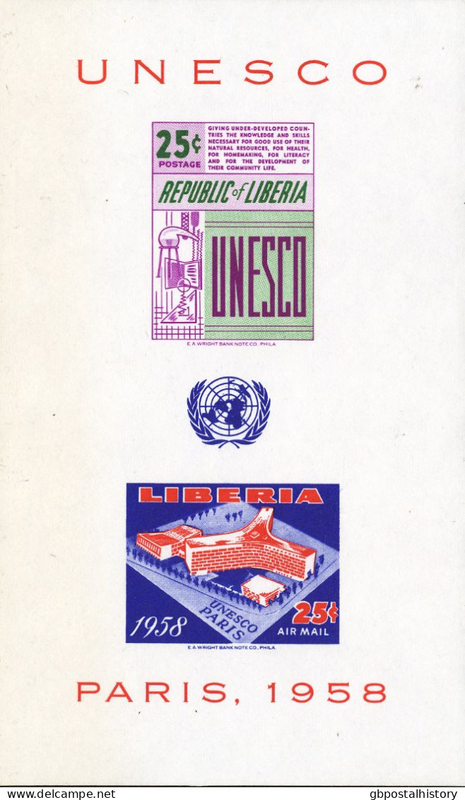 LIBERIA 1959, Opening Of The UNESCO-Palace In Paris, Superb 25 C. And 25 C. U/M Mint Never Hinged M/S, MAJOR VARIETY: IM - Liberia