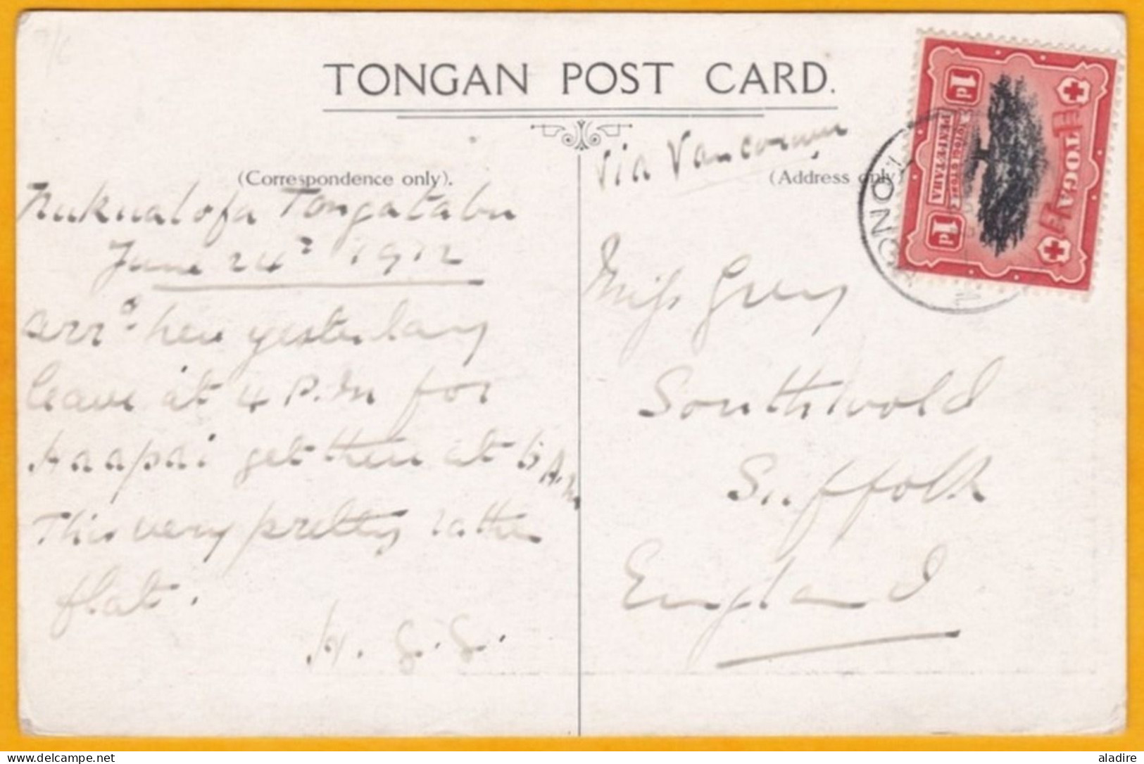 1912 - Carte Postale De Tonga Vers Southwold, Angleterre - Via Vancouver, Canada - Croix Rouge . Red Cross - Tonga (...-1970)