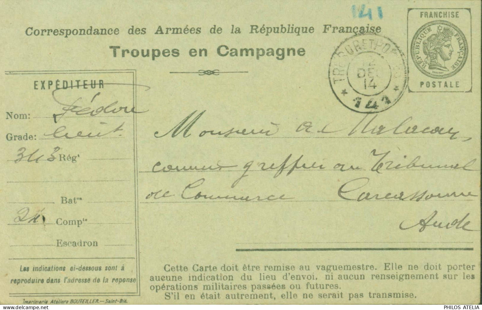 Guerre 14 CP FM Correspondance Armées De La République Troupes En Campagne Franchise Postale Militaire - Oorlog 1914-18