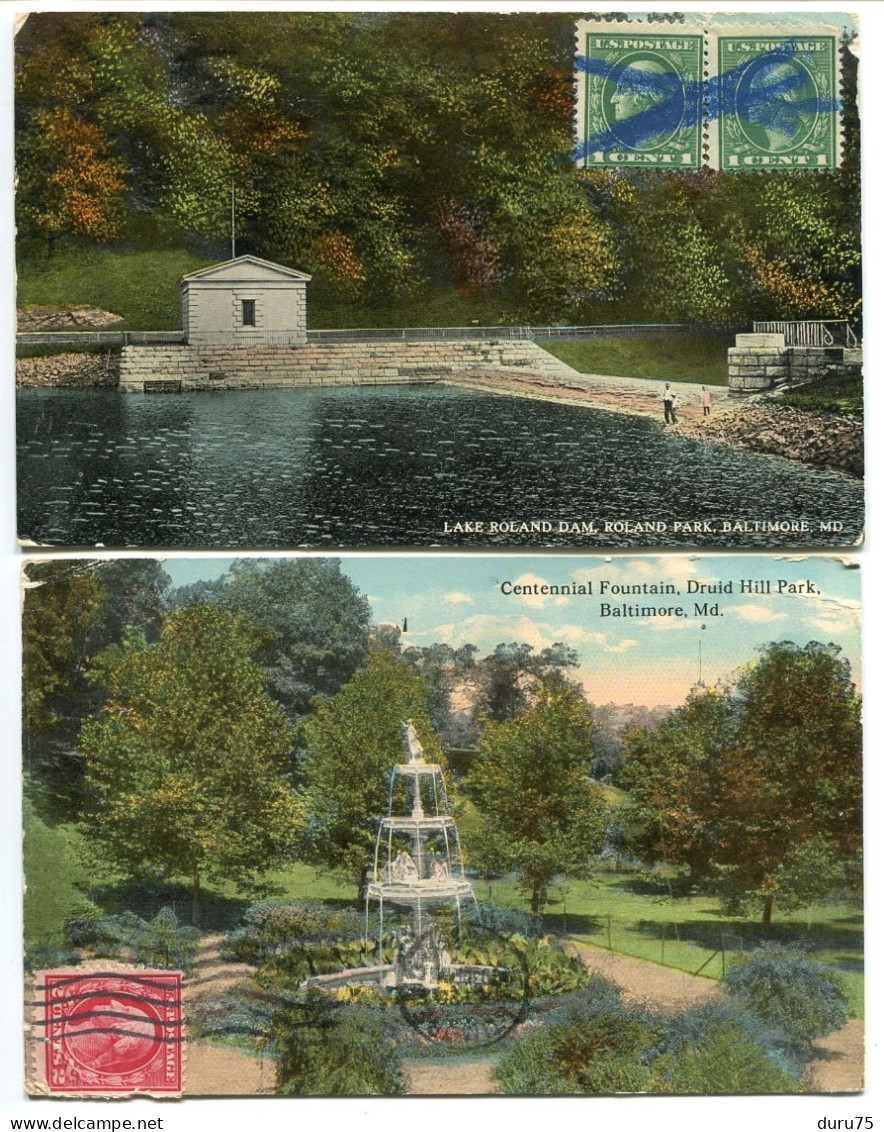 LOT 2 CPA Voyagé 1913 - BALTIMORE Lake Roland Dam Roland Park & Centennial Fountain Druid Hill Park - Baltimore