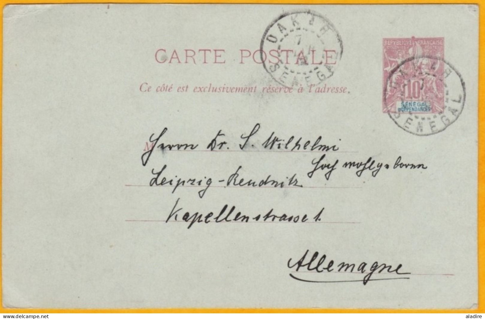 1892 - Entier Carte Postale 10 C Type Groupe De Dakar, Sénégal Et Dépendances Vers Leipzig, Allemagne - Lettres & Documents