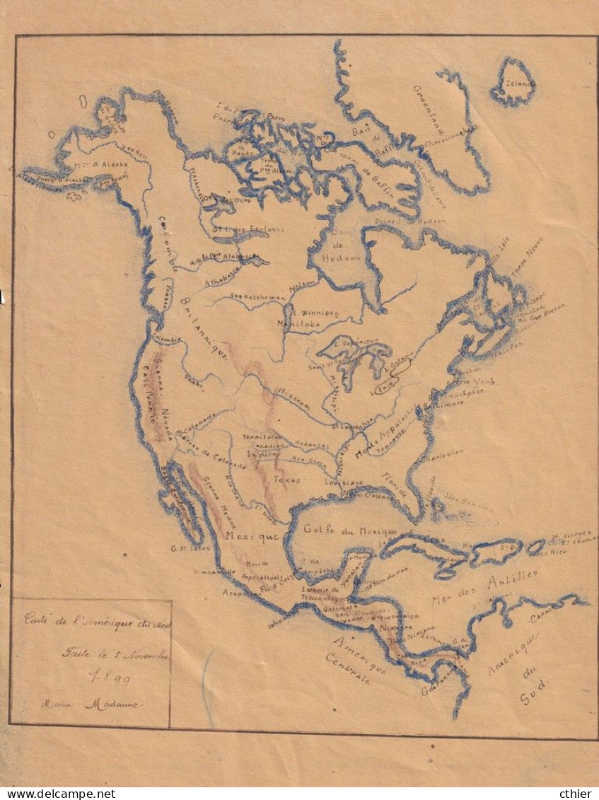 DESSIN ENCRE DE CHINE - CARTE DE L'AMERIQUE DU NORD  ET DU SUD - Zeichnungen