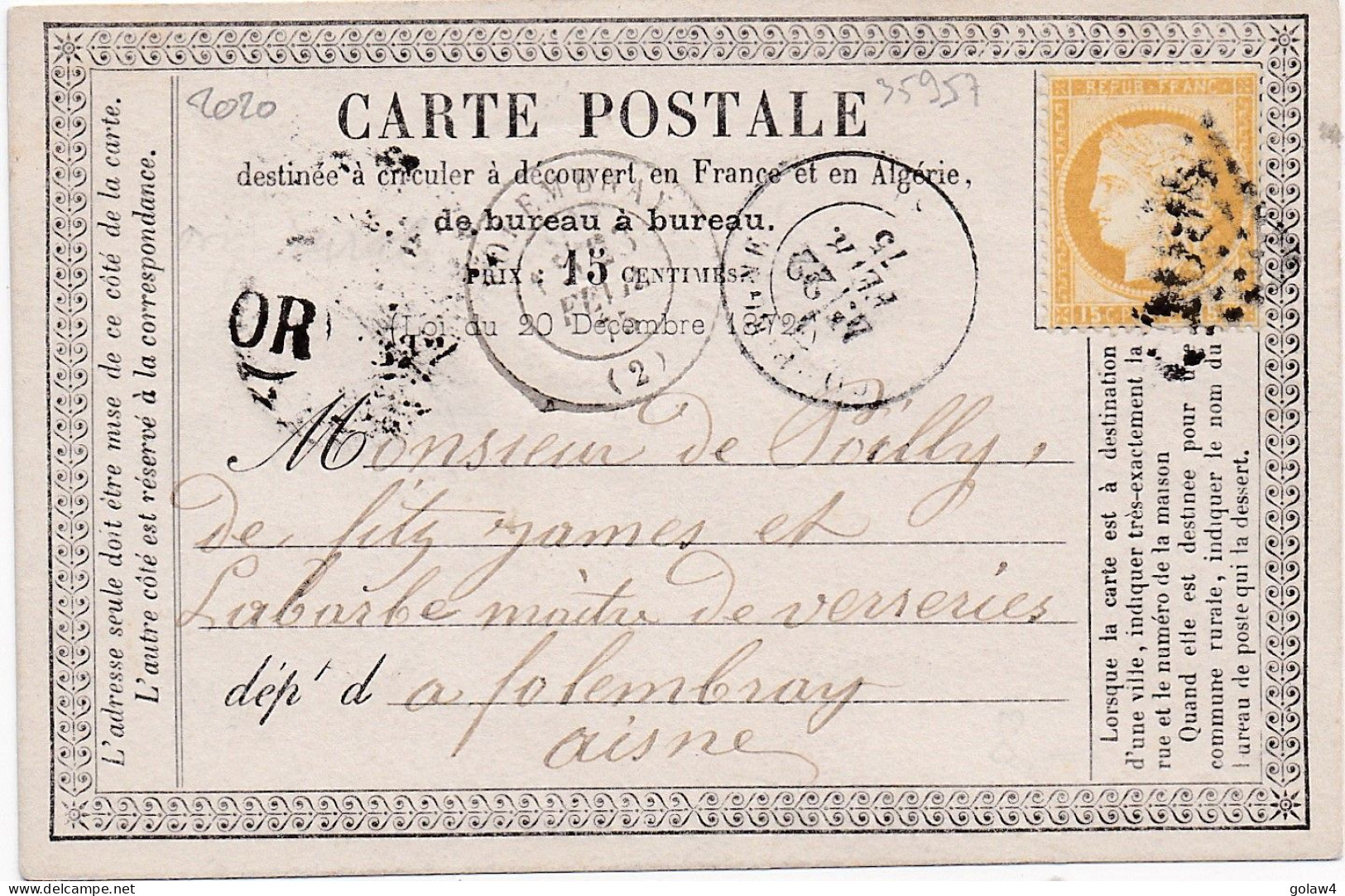 35957# CERES CARTE PRECURSEUR OR ORIGINE RURALE De CLAIRVIX Obl GC COMPIEGNE 22 FEVRIER 1875 T17 OISE FOLEMBRAY AISNE - Vorläufer