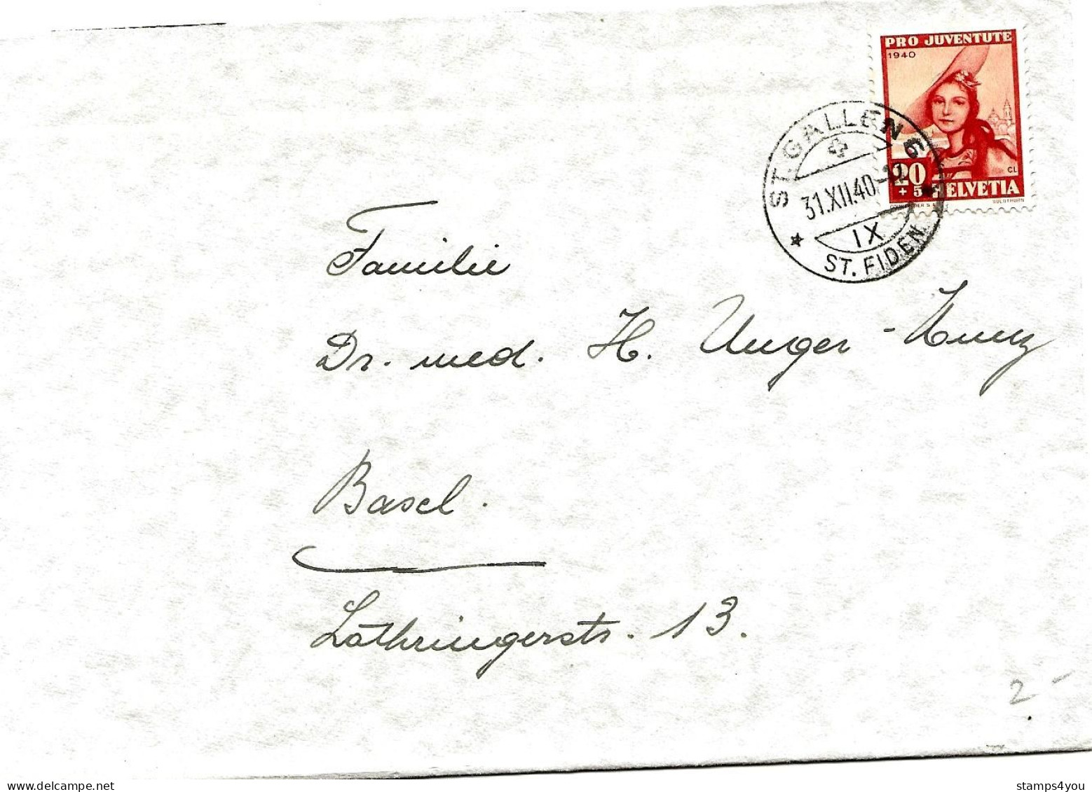 79 - 89 - Enveloppe Avec Timbre Pro Juventute 1940 - Cachet à Date St Gallen 31.12.40. - Cartas & Documentos