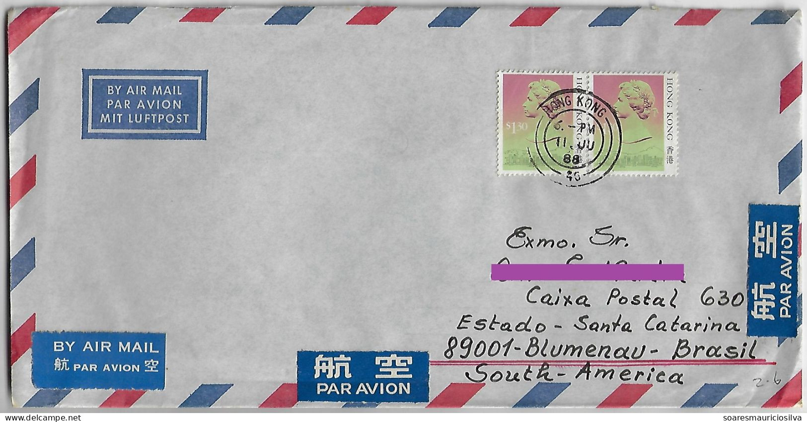 Hong Kong 1988 Airmail Cover Sent To Blumenau Brazil Pair Of Stamp YT-507a Queen Elizabeth II $1,30 - Cartas & Documentos