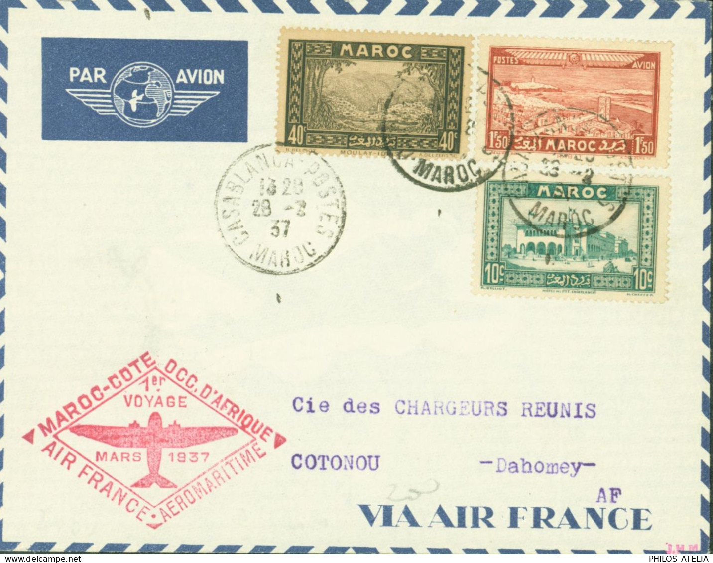 Maroc Cote Occidentale D'Afrique Air France Aéromaritime 1er Voyage Mars 1937 CAD Casablanca 28 3 37 Par Avion - Airmail