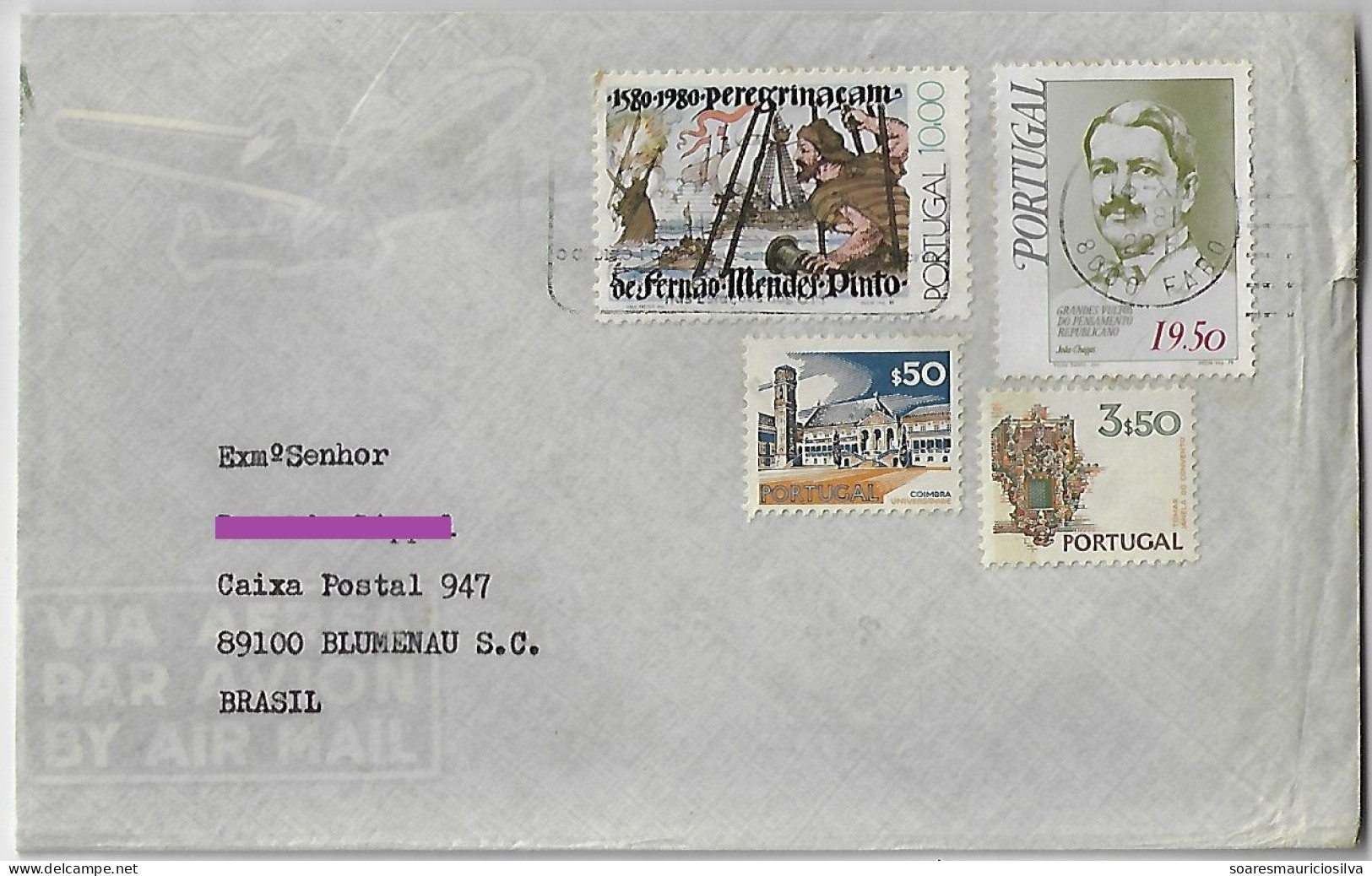 Portugal 1981 Airmail Cover Sent From Faro To Blumenau Brazil Stamp Fernão Mendes Pinto + João Chagas + 2 Definitive - Lettres & Documents