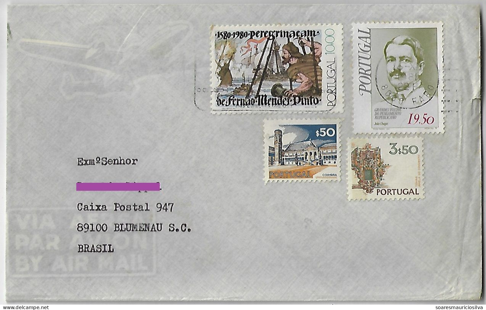 Portugal 1981 Airmail Cover Sent From Faro To Blumenau Brazil Stamp Fernão Mendes Pinto + João Chagas + 2 Definitive - Storia Postale
