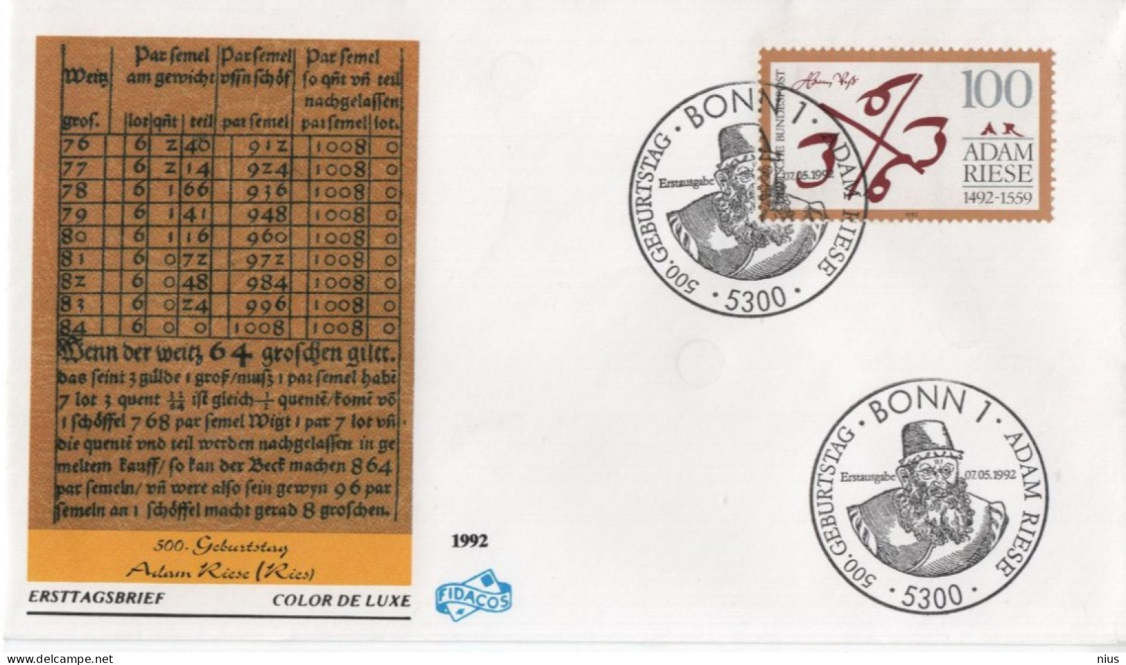 Germany Deutschland 1992 FDC Adam Riese, German Mathematician Rechenmeister, Canceled In Bonn - 1991-2000