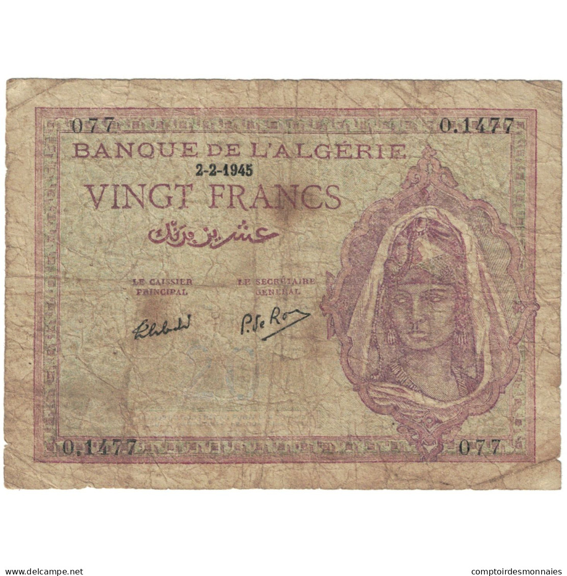 Billet, Algérie, 20 Francs, 1945, 1945-02-02, KM:92b, TB - Algerien