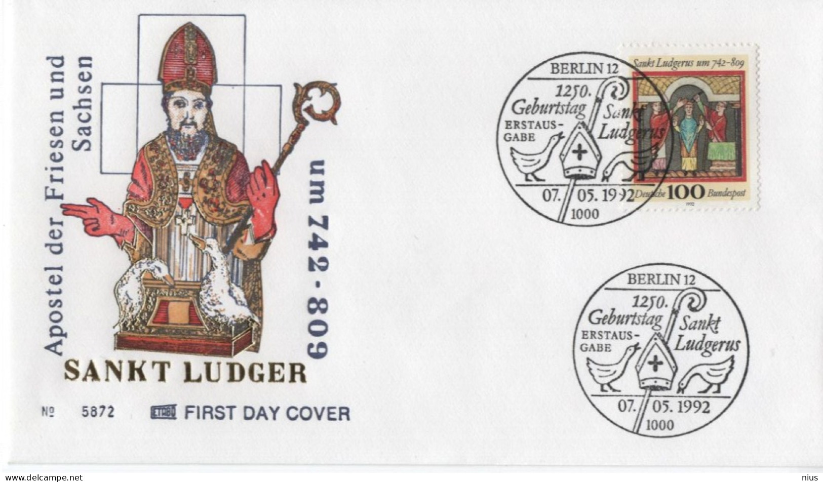 Germany Deutschland 1992 FDC 1250 Sankt Saint Ludger Ludgerus, Apostle Of Saxony Apostel Der Friesen Und Sachsen, Berlin - 1991-2000