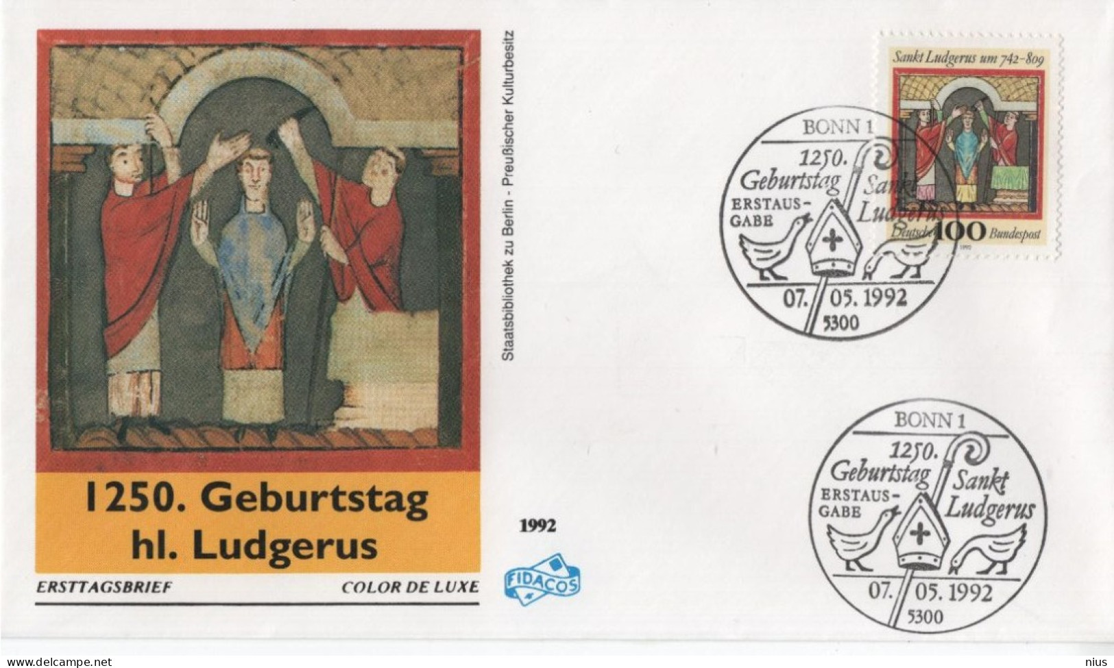 Germany Deutschland 1992 FDC 1250 Sankt Saint Ludger Ludgerus, Apostle Of Saxony Apostel Der Friesen Und Sachsen, Bonn - 1991-2000