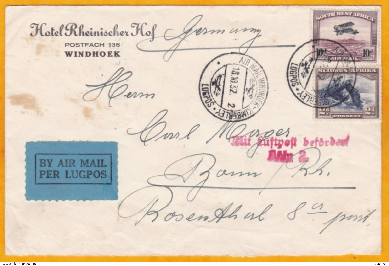 1932 - Enveloppe Par Avion De Windhoek Kimberley, South West Africa, Namibie - Vers Allemagne - Via Berlin - 12 D - South West Africa (1923-1990)