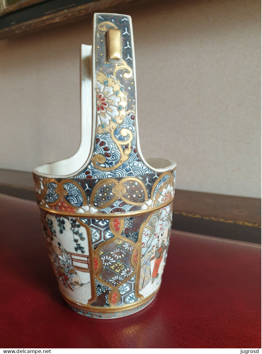 Panier Cache Pot Pour Petite Plante Verte En Porcelaine De Satsuma (Japon) Authentique - Asiatische Kunst