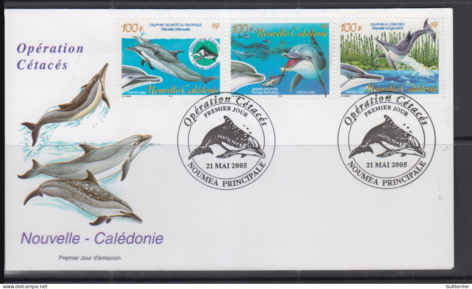 MARINE LIFE - NEW CALEDONIA - 2005 - DOPLHINS SET OF 3 ON ILLUSTRATED FDC  - Delfines