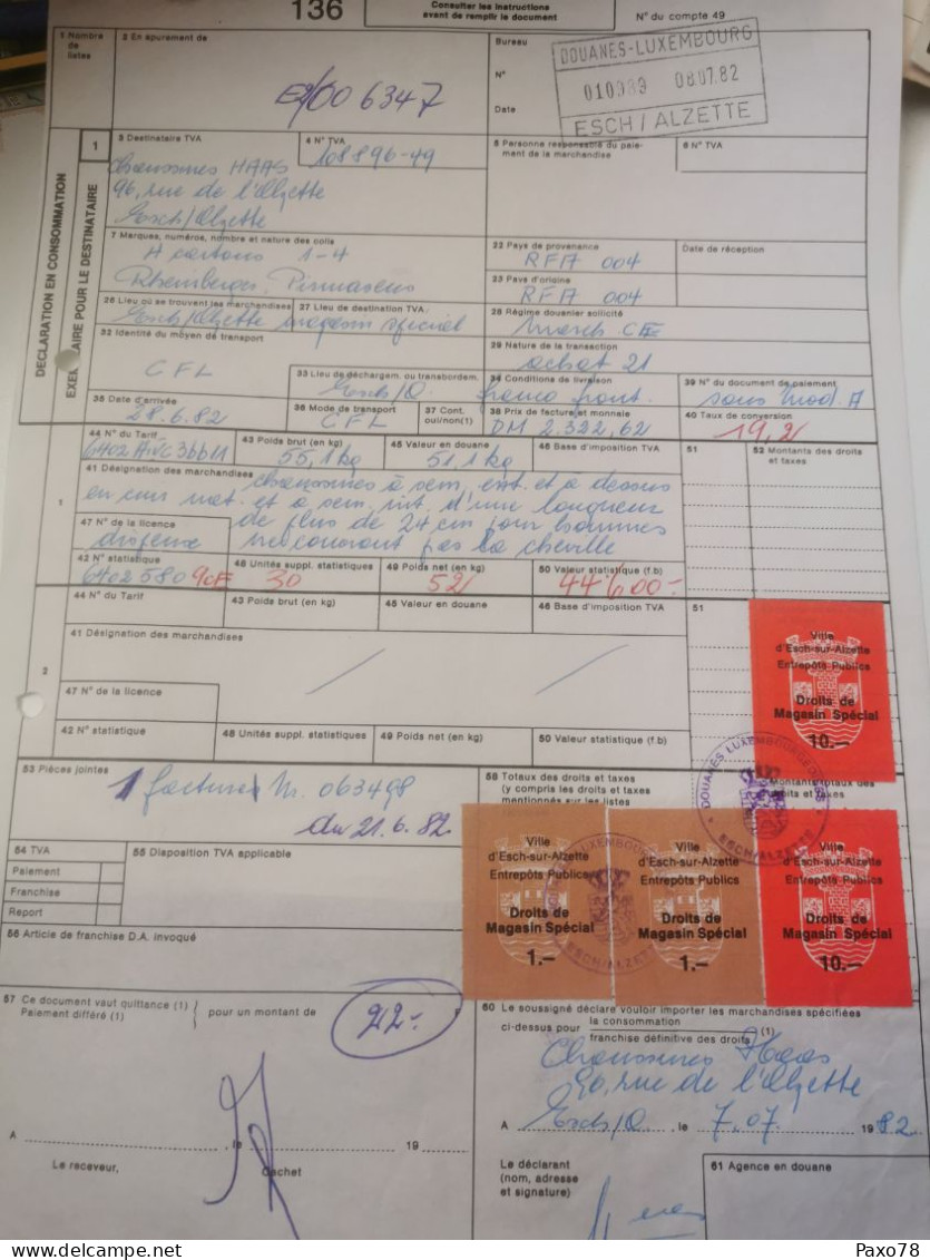 Bon De Douane, Avec Timbre Taxe Droits De Magasin Spécial Ville De Esch-Alzette 1982 - Taxes