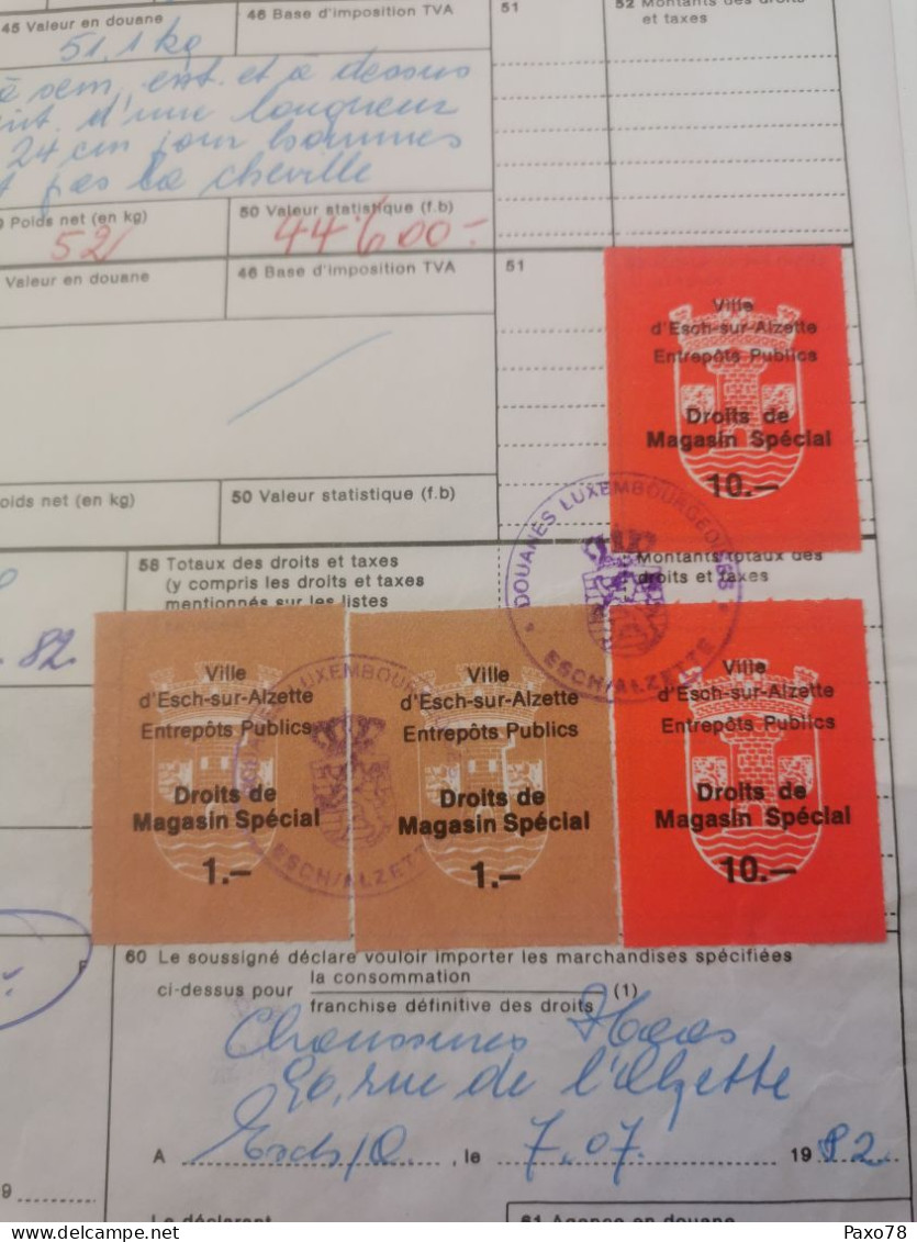 Bon De Douane, Avec Timbre Taxe Droits De Magasin Spécial Ville De Esch-Alzette 1982 - Taxes