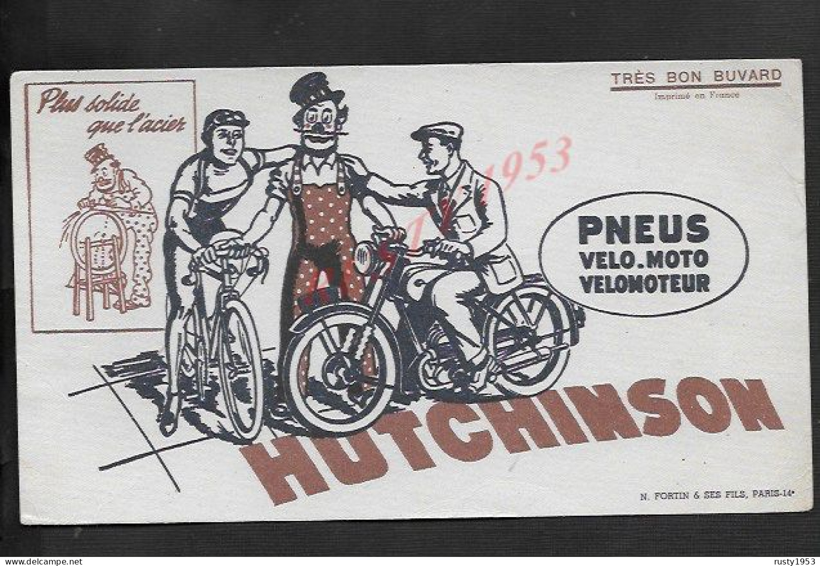 ANCIEN BUVARD ILLUSTRÉE PNEUS VELO VELOMOTEUR HUTCHINSON N FORTIN PARIS 14e : - Motos & Bicicletas