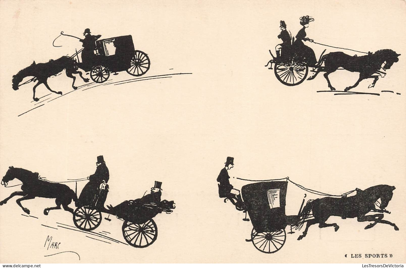 Illustrateur - Marc - Les Sports - Attelages - Chevaux - Silhouettes -  Carte Postale Ancienne - Silueta