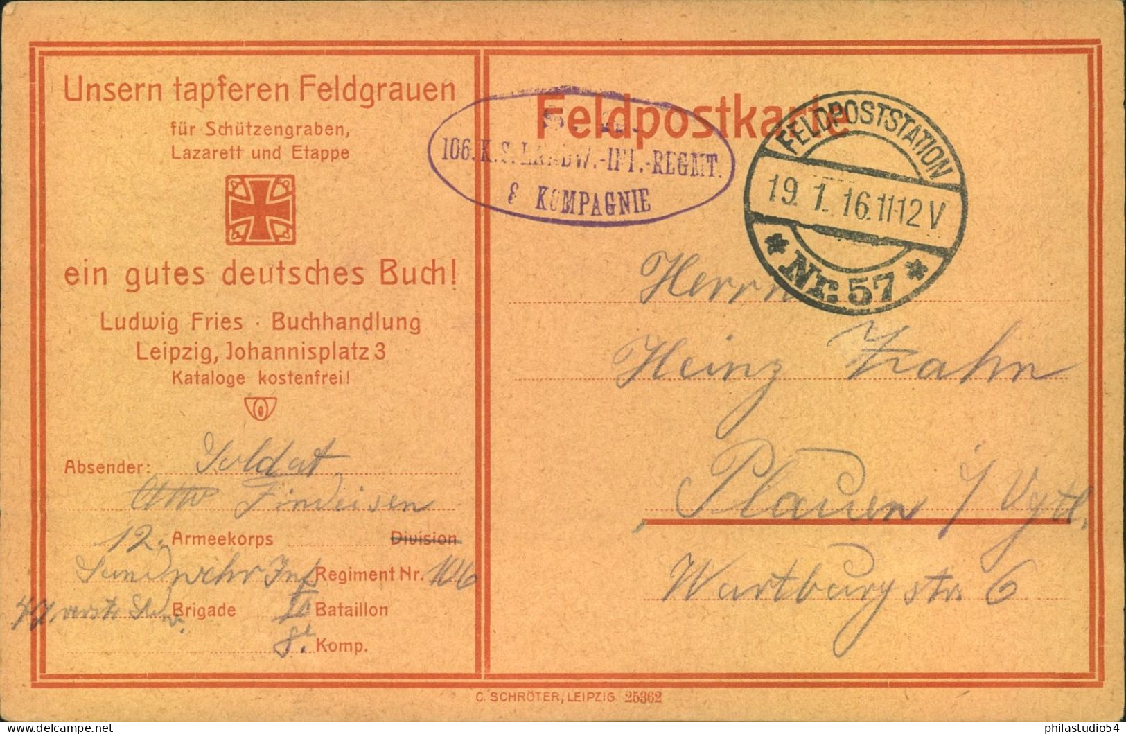 1916, Feldpostkarte Stempel "Feldpoststatio No. 52" - Feldpost (franqueo Gratis)