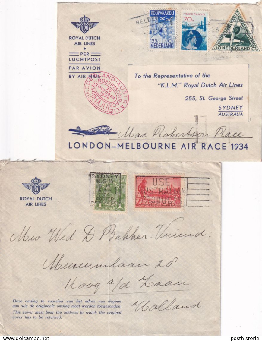 Envelop 20 Okt 1934 Mac Robbertsonrace  Koog Aan De Zaan Sydney26 Okt 1934 En Retour Envelop 6 Nov 1934 - Airmail