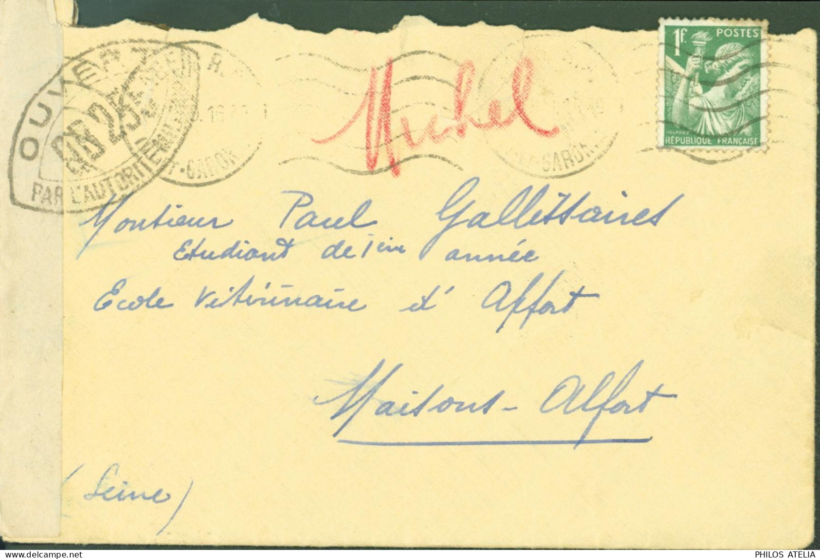 Guerre 40 YT N°432 Iris CAD Agen Censure Bande + Cachet QB 255 = Agen - Guerra De 1939-45