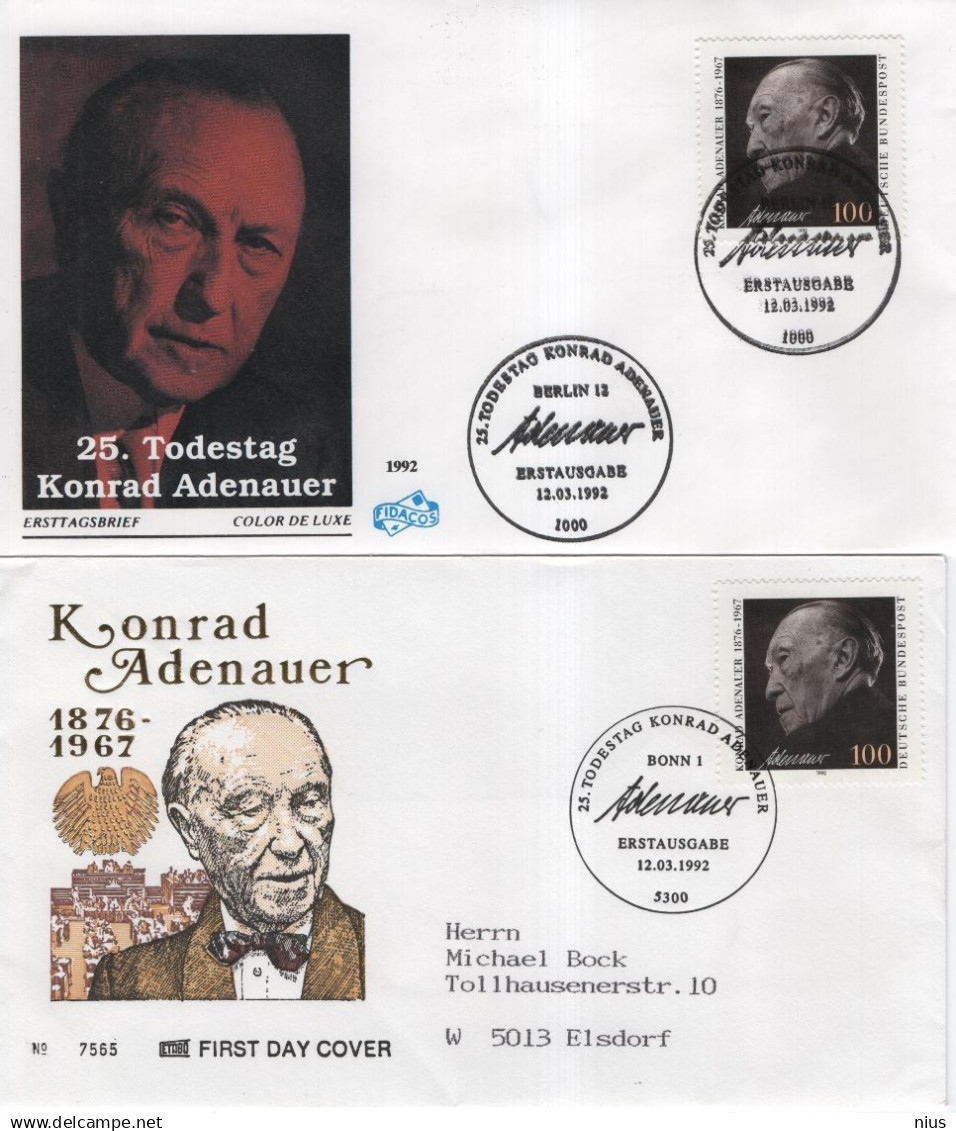 Germany Deutschland 1992 FDC Konrad Adenauer, German Statesman, Deutscher Politiker, Canceled In Berlin - 1991-2000