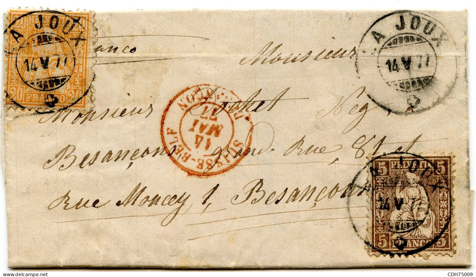 SUISSE - SBK 30+32  5C (PLI) + 20C SUR LETTRE DE LA JOUX POUR BESANCON, 1877 - Storia Postale